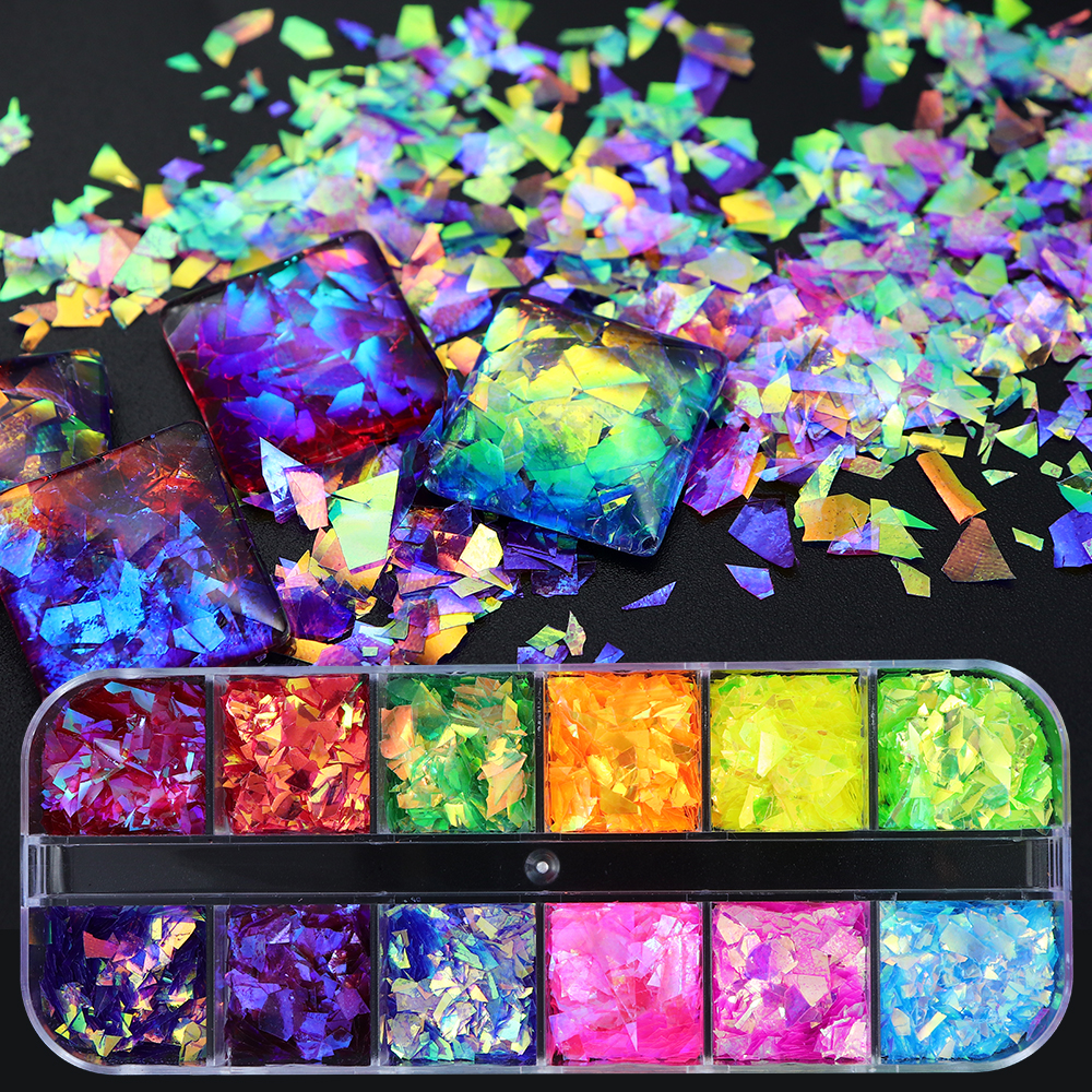 Glitter Powder Resin - 12 Grids/Box Iridescent Glitter Irregular Flakes